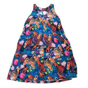Vintage Handmade Tropical Fish Seahorse Midi Dress Size L/XL Blue Orange Ocean